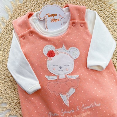 Conj. Body Manga Longa e Jardineira Suedine - Princesa Bailarina - Salmão e Off White